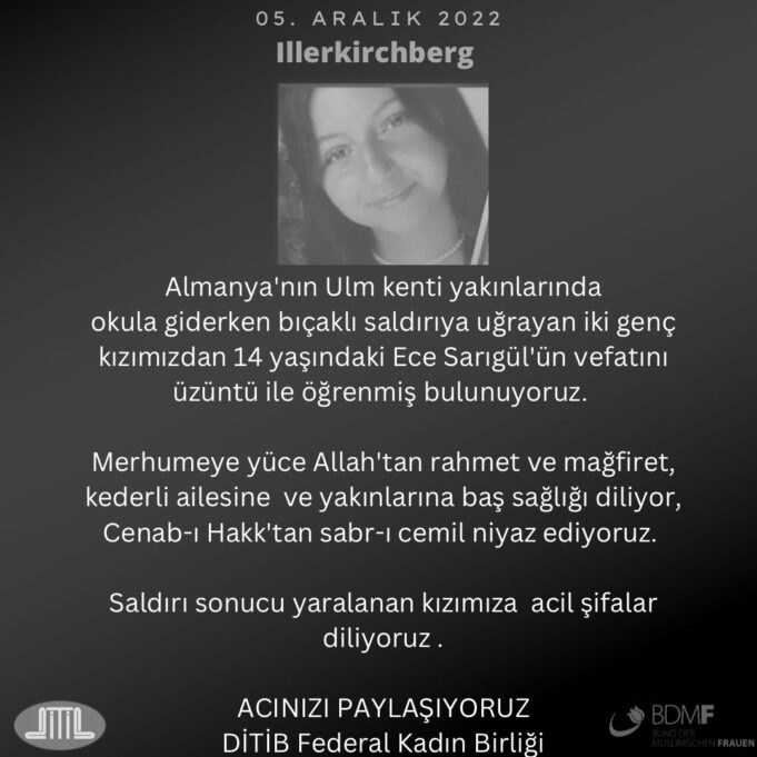 DİTİB Federal Kadın Birliği, Ece için taziye mesajı yayınladı