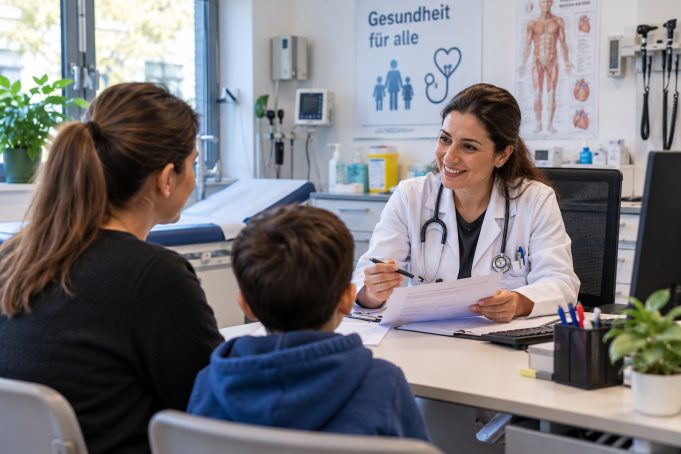 NRW’de acil servis istasyonlarının geleceği tartışılıyor Doktor masa başında hasta ile tıbbi belgeleri inceliyor.