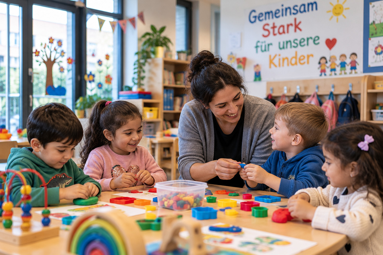 Okul öncesi çocuklar sınıfta oyun hamuruyla çalışırken öğretmen yardımcı oluyor.