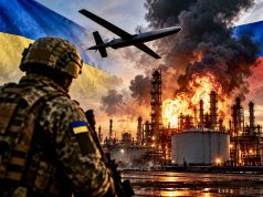 Almanya’da AfD ile BSW, Ukrayna’ya askeri yardıma son verilmesini istedi Ukrayna-Rusya savaşı bağlamında alevler içindeki petrol rafinerisi, insansız hava aracı ve Ukrayna bayrağı taşıyan asker silüeti. ALT metnini kopyala